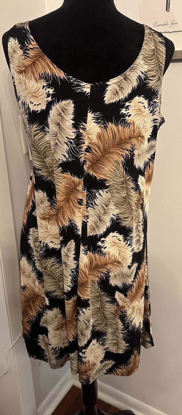 Vintage Jostar Dress Feathers Hippie Art Sleeveless Stretch Brown Black Medium